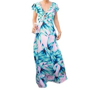 Olivaceous NWOT Women’s Palm Print Tie Front Short Sleeve Maxi Dress  Sz S‎